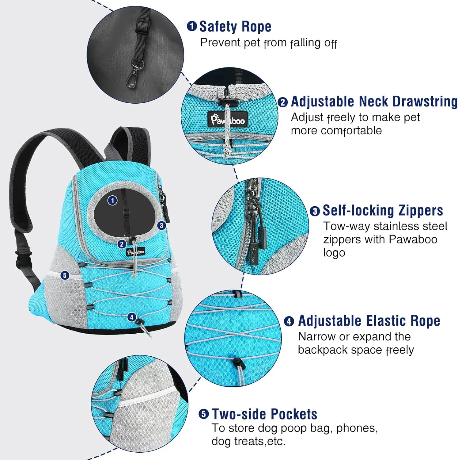 Pawaboo Pet Dog Carrier Backpack, Puppy Dog Travel Front Carrier for Small Medium Dogs Cats, Adjustable Breathable Dog Carrying Backpack with Safety Strips for Hiking, Walking (Blue M Up to 10 lbs)