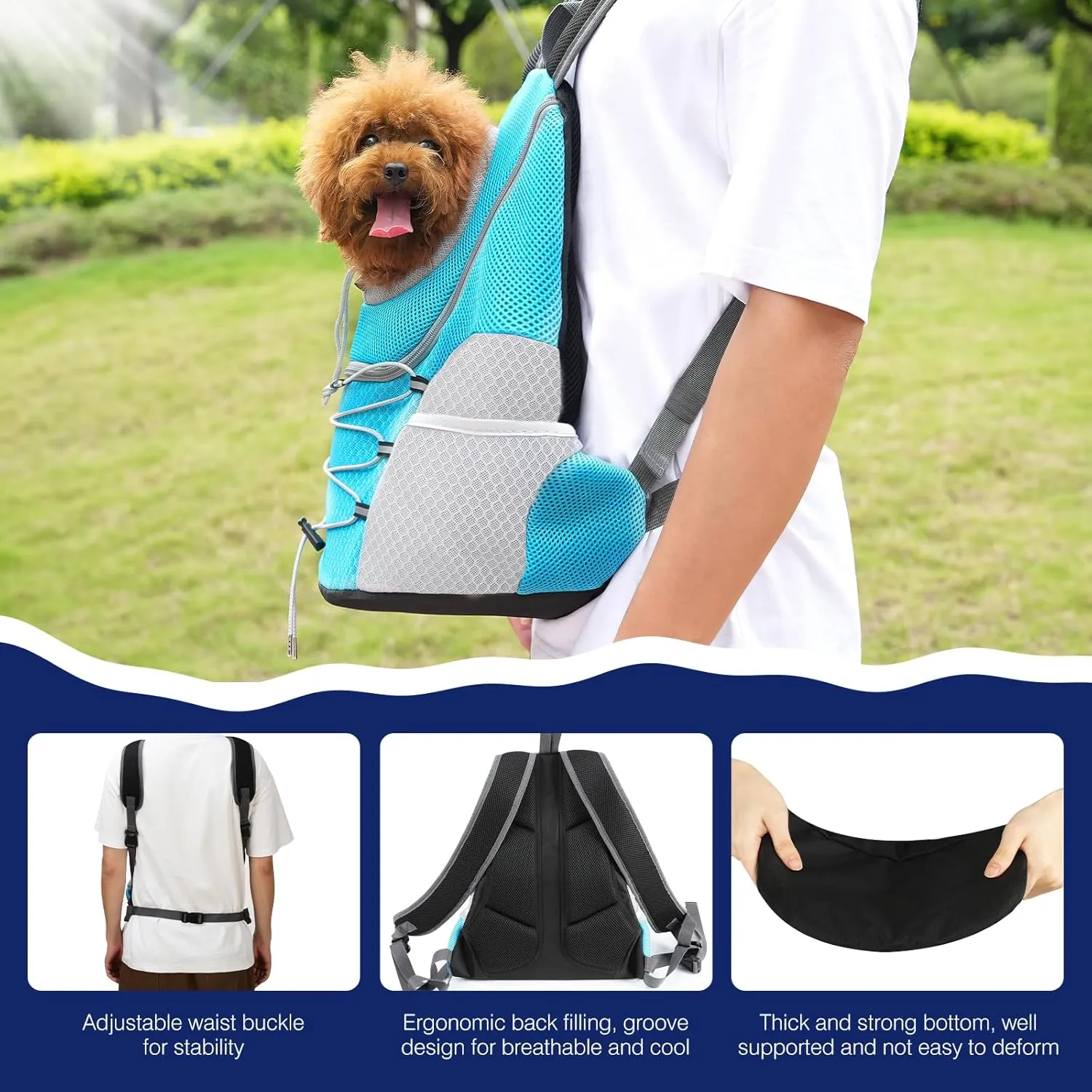 Pawaboo Pet Dog Carrier Backpack, Puppy Dog Travel Front Carrier for Small Medium Dogs Cats, Adjustable Breathable Dog Carrying Backpack with Safety Strips for Hiking, Walking (Blue M Up to 10 lbs)