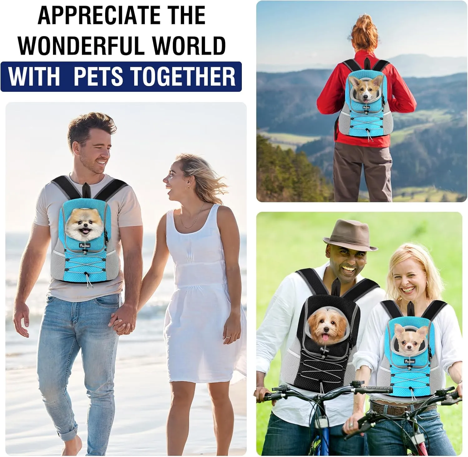 Pawaboo Pet Dog Carrier Backpack, Puppy Dog Travel Front Carrier for Small Medium Dogs Cats, Adjustable Breathable Dog Carrying Backpack with Safety Strips for Hiking, Walking (Blue M Up to 10 lbs)