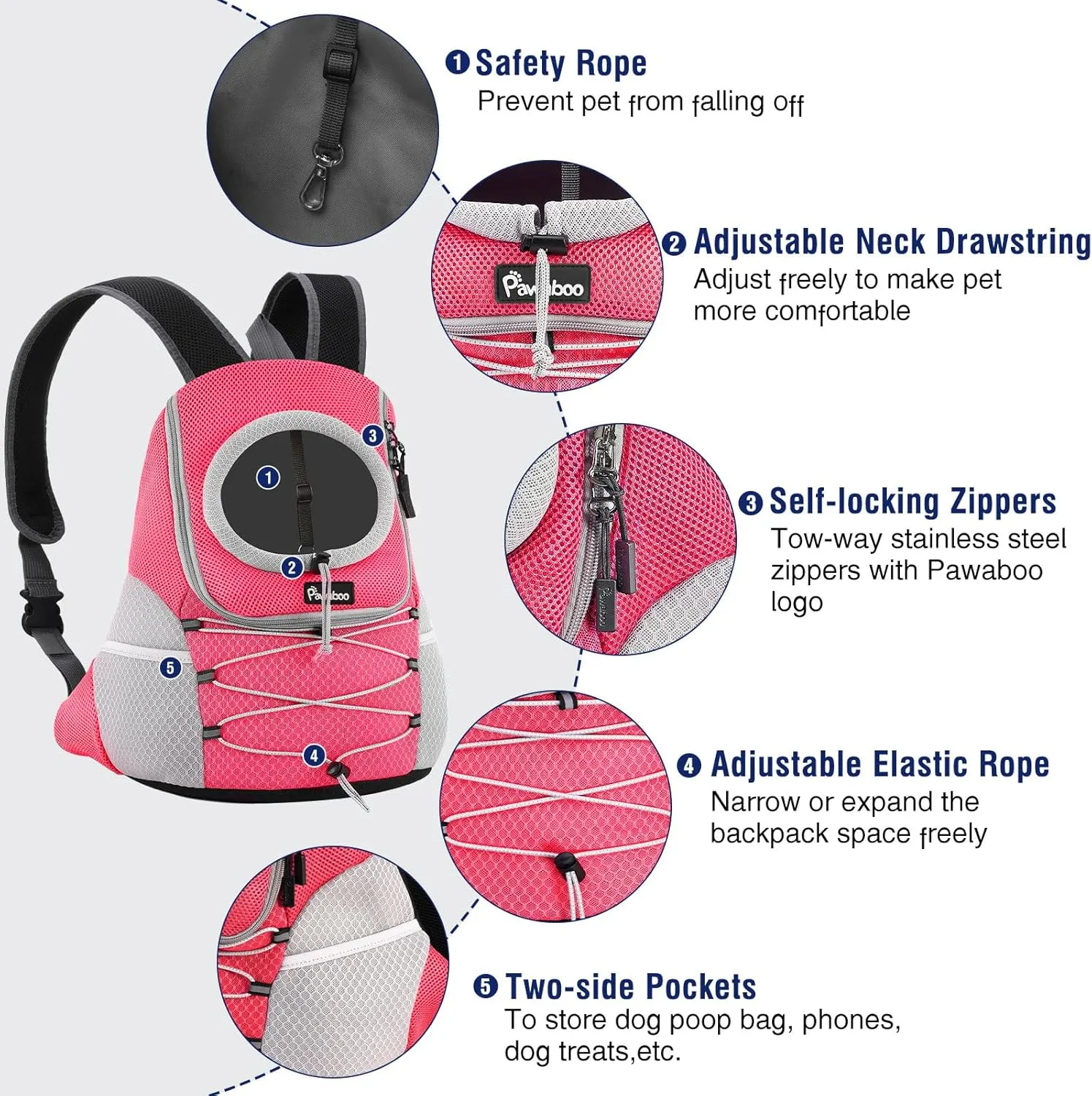 Pawaboo Pet Dog Carrier Backpack, Puppy Dog Travel Front Carrier for Small Medium Dogs Cats, Adjustable Breathable Dog Carrying Backpack with Safety Strips for Hiking, Walking (Pink S Up to 5 lbs)