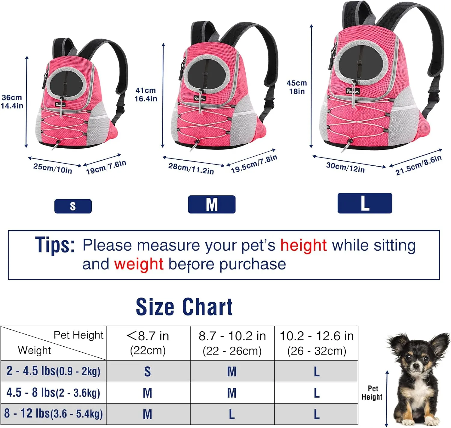 Pawaboo Pet Dog Carrier Backpack, Puppy Dog Travel Front Carrier for Small Medium Dogs Cats, Adjustable Breathable Dog Carrying Backpack with Safety Strips for Hiking, Walking (Pink S Up to 5 lbs)