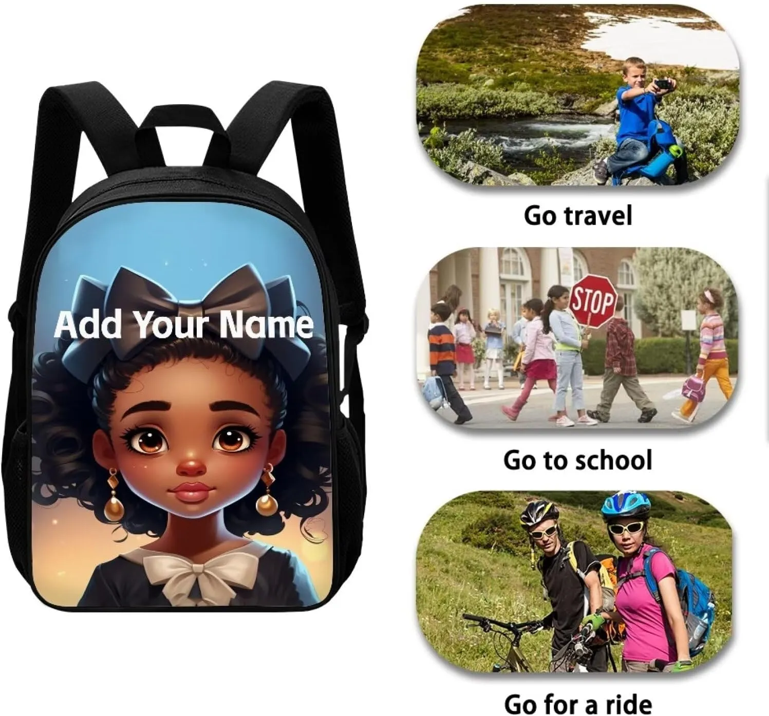 Personalized Backpacks for Girls 4-6/8-10 Afro Book Bag Kids Bookbag Girls 1st Grade/2nd Grade Custom Name School Bag with Water Bottles