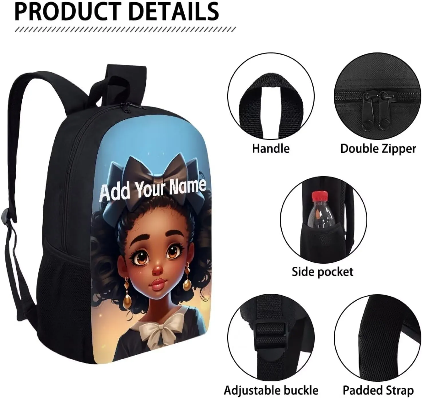 Personalized Backpacks for Girls 4-6/8-10 Afro Book Bag Kids Bookbag Girls 1st Grade/2nd Grade Custom Name School Bag with Water Bottles