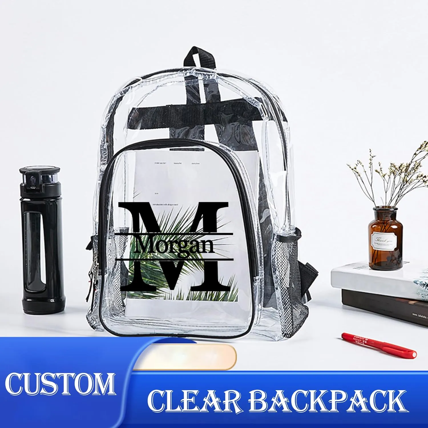 Personalized Clear Backpack Custom Name, Clear Bookbag See Throug Back Pack Heavy Duty Transparent Backpack- Customized Gifts