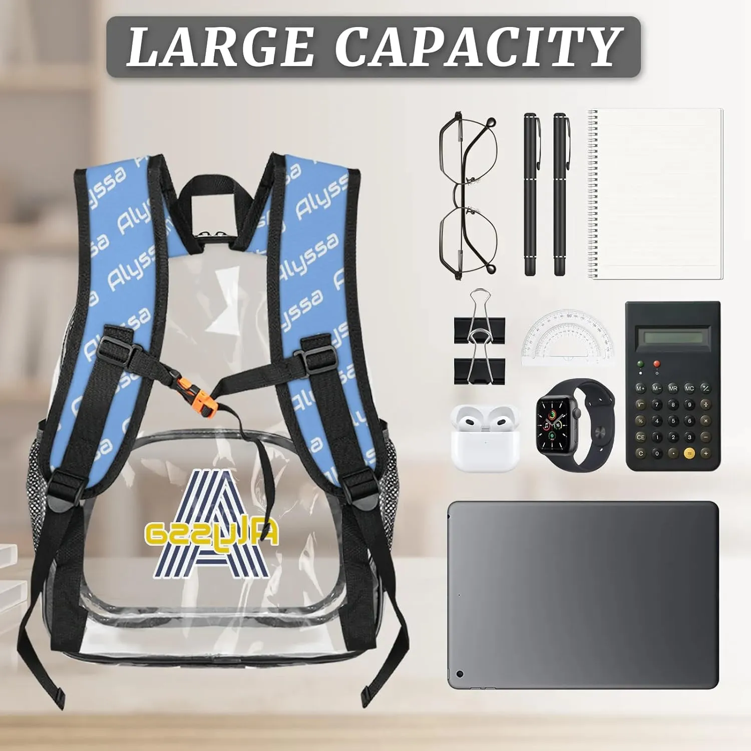 Personalized Clear Backpack with Name, Custom Heavy Duty PVC Transparent Backpack, See Through Back Pack with Reinforced Strap for Stadium Approved Events Blue