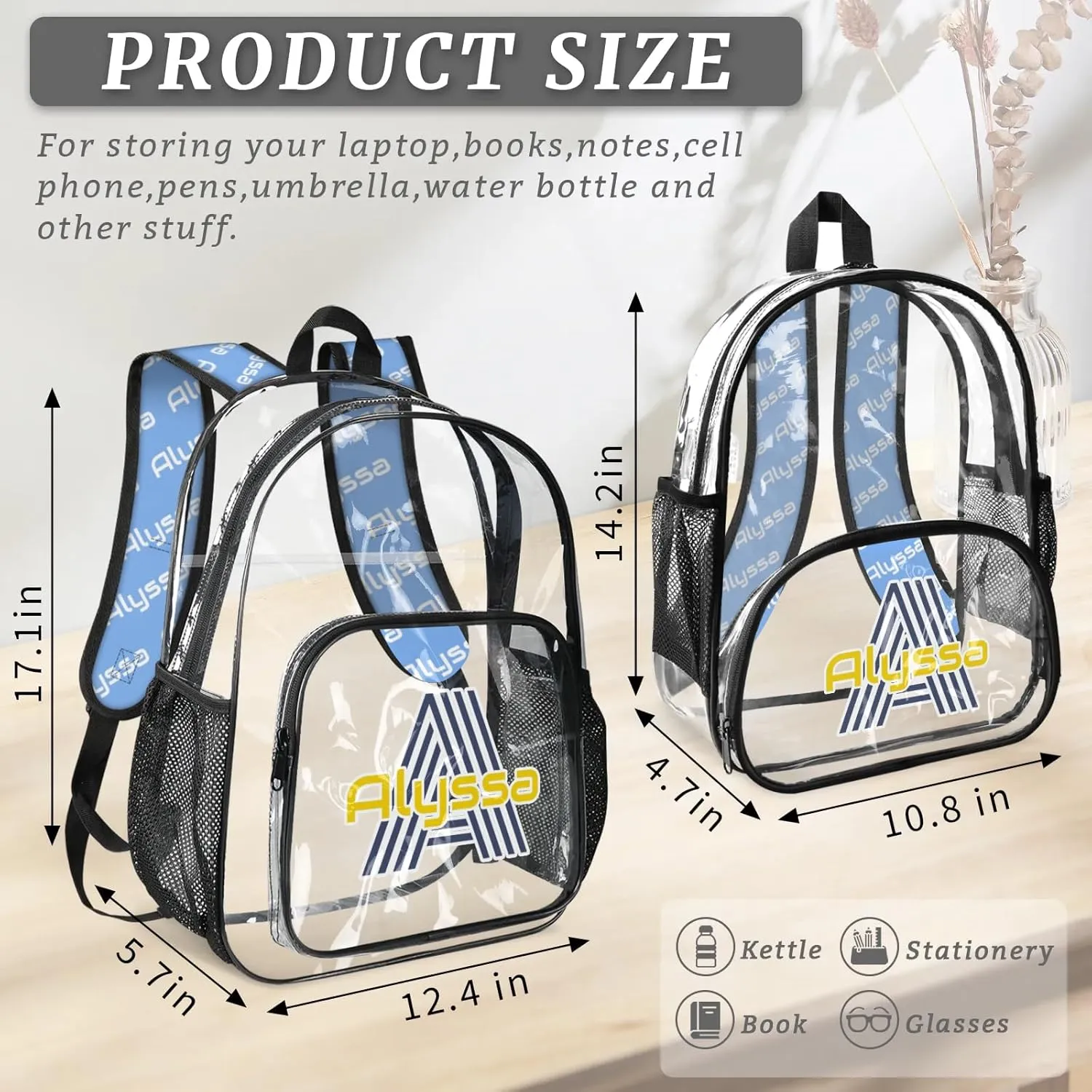 Personalized Clear Backpack with Name, Custom Heavy Duty PVC Transparent Backpack, See Through Back Pack with Reinforced Strap for Stadium Approved Events Blue