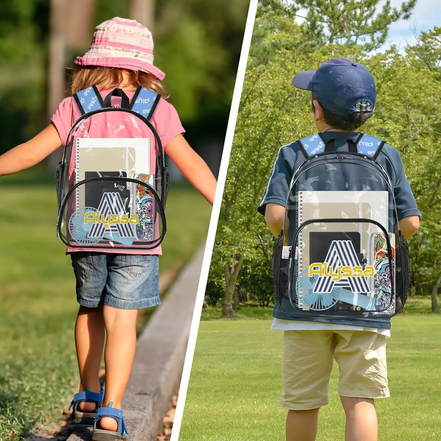 Personalized Clear Backpack with Name, Custom Heavy Duty PVC Transparent Backpack, See Through Back Pack with Reinforced Strap for Stadium Approved Events Blue