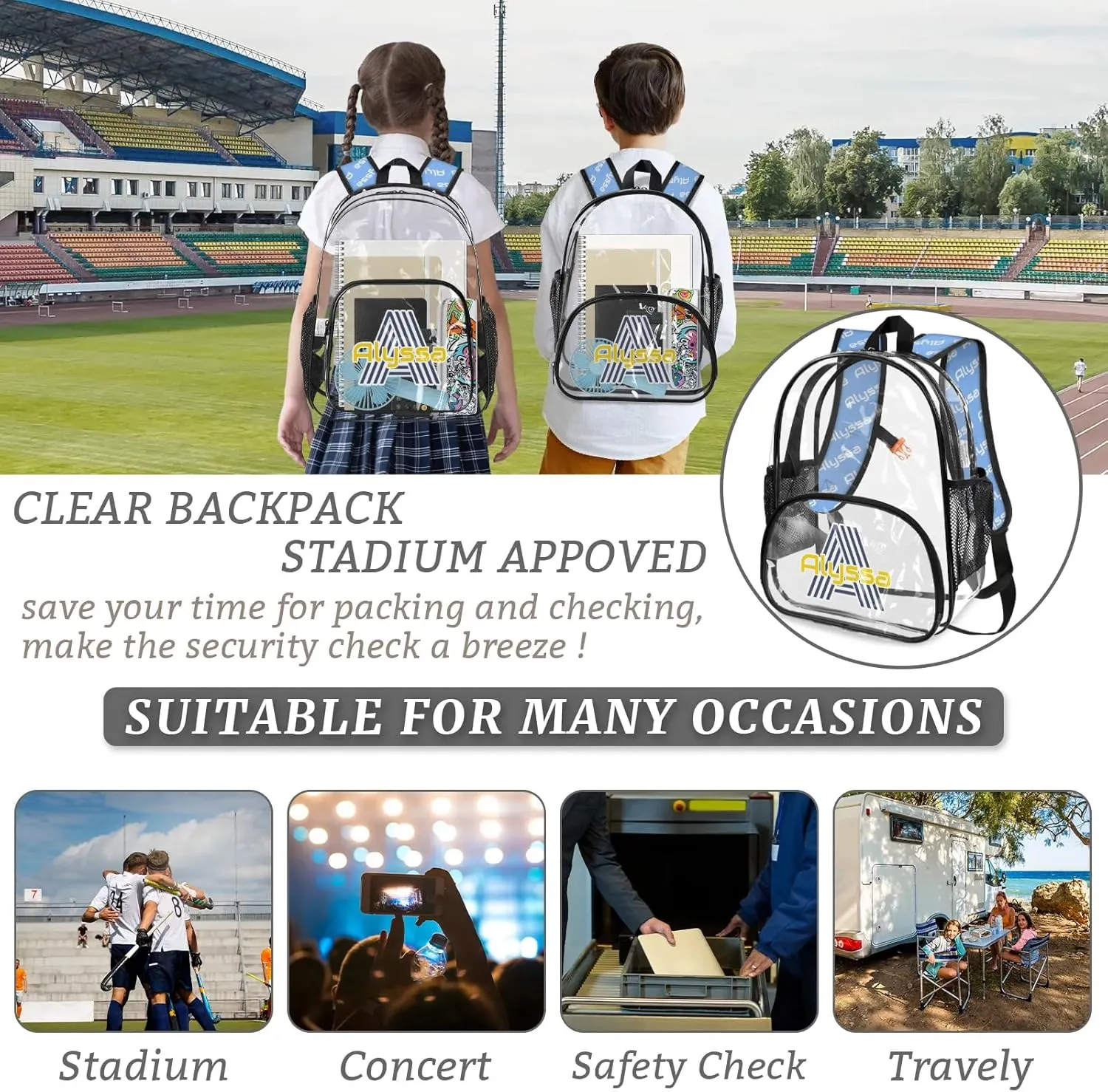Personalized Clear Backpack with Name, Custom Heavy Duty PVC Transparent Backpack, See Through Back Pack with Reinforced Strap for Stadium Approved Events Blue
