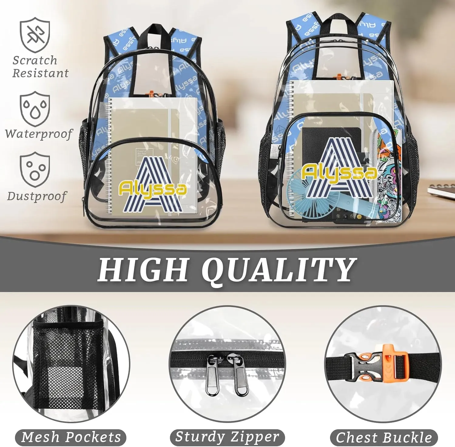 Personalized Clear Backpack with Name, Custom Heavy Duty PVC Transparent Backpack, See Through Back Pack with Reinforced Strap for Stadium Approved Events Blue