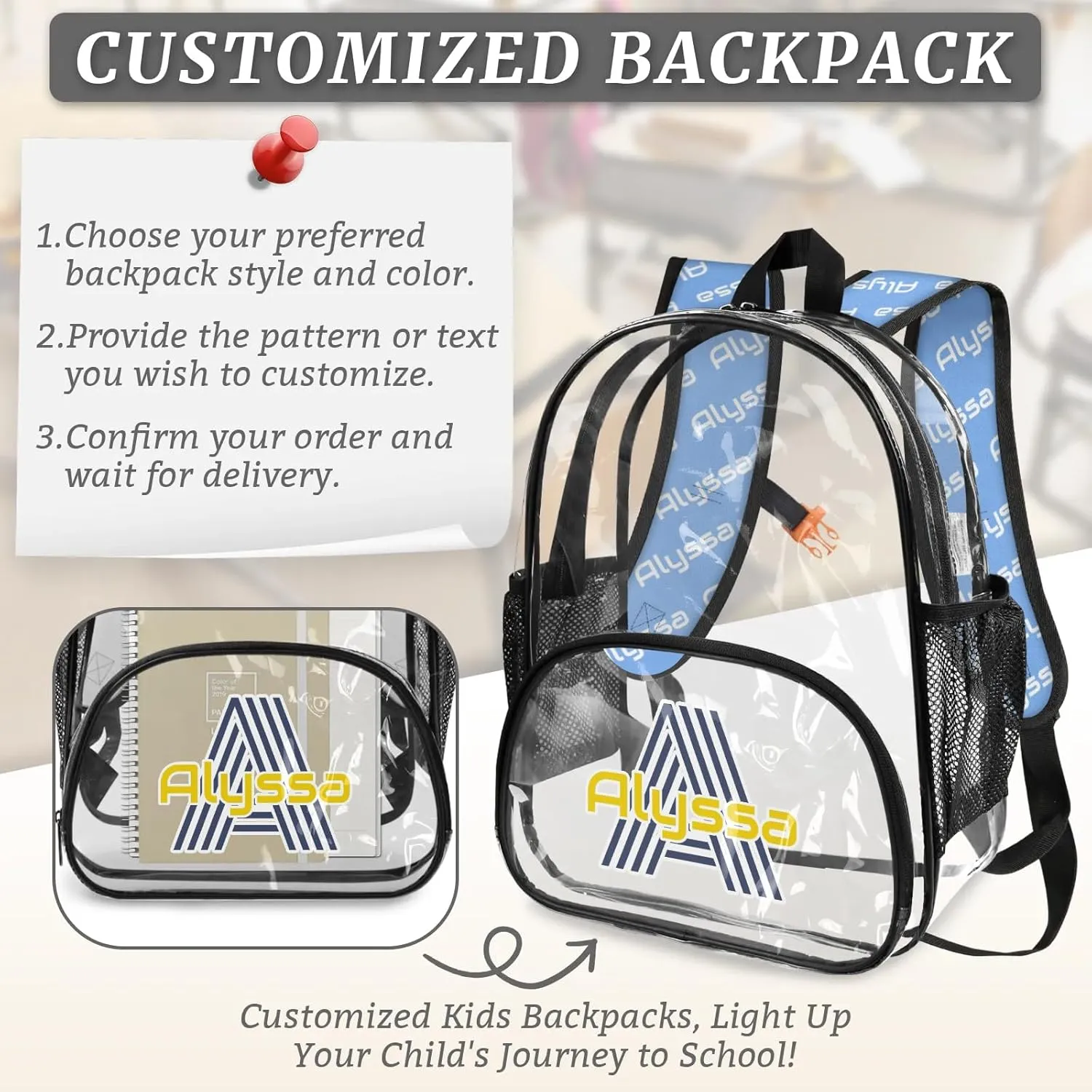 Personalized Clear Backpack with Name, Custom Heavy Duty PVC Transparent Backpack, See Through Back Pack with Reinforced Strap for Stadium Approved Events Blue
