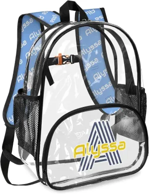 Personalized Clear Backpack with Name, Custom Heavy Duty PVC Transparent Backpack, See Through Back Pack with Reinforced Strap for Stadium Approved Events Blue