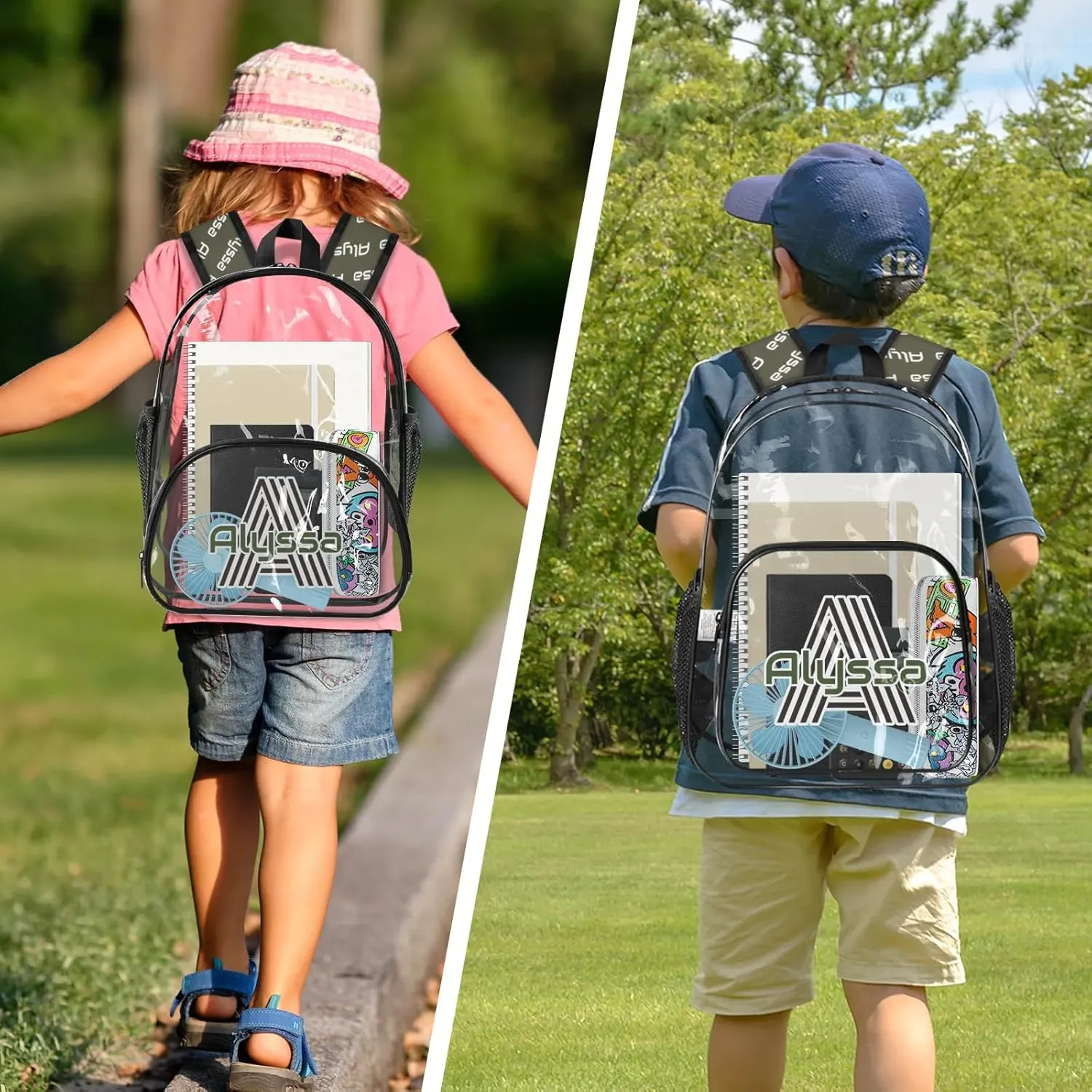 Personalized Clear Backpack with Name, Custom Heavy Duty PVC Transparent Backpack, See Through Back Pack with Reinforced Strap for Stadium Approved Events Dark Green