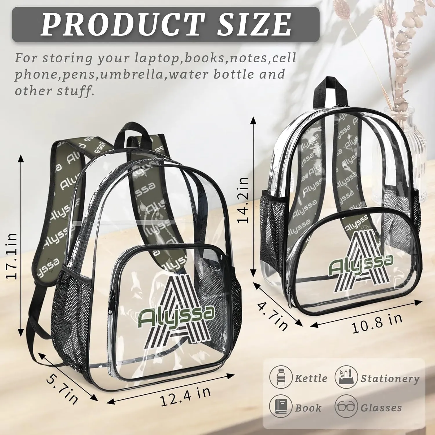 Personalized Clear Backpack with Name, Custom Heavy Duty PVC Transparent Backpack, See Through Back Pack with Reinforced Strap for Stadium Approved Events Dark Green