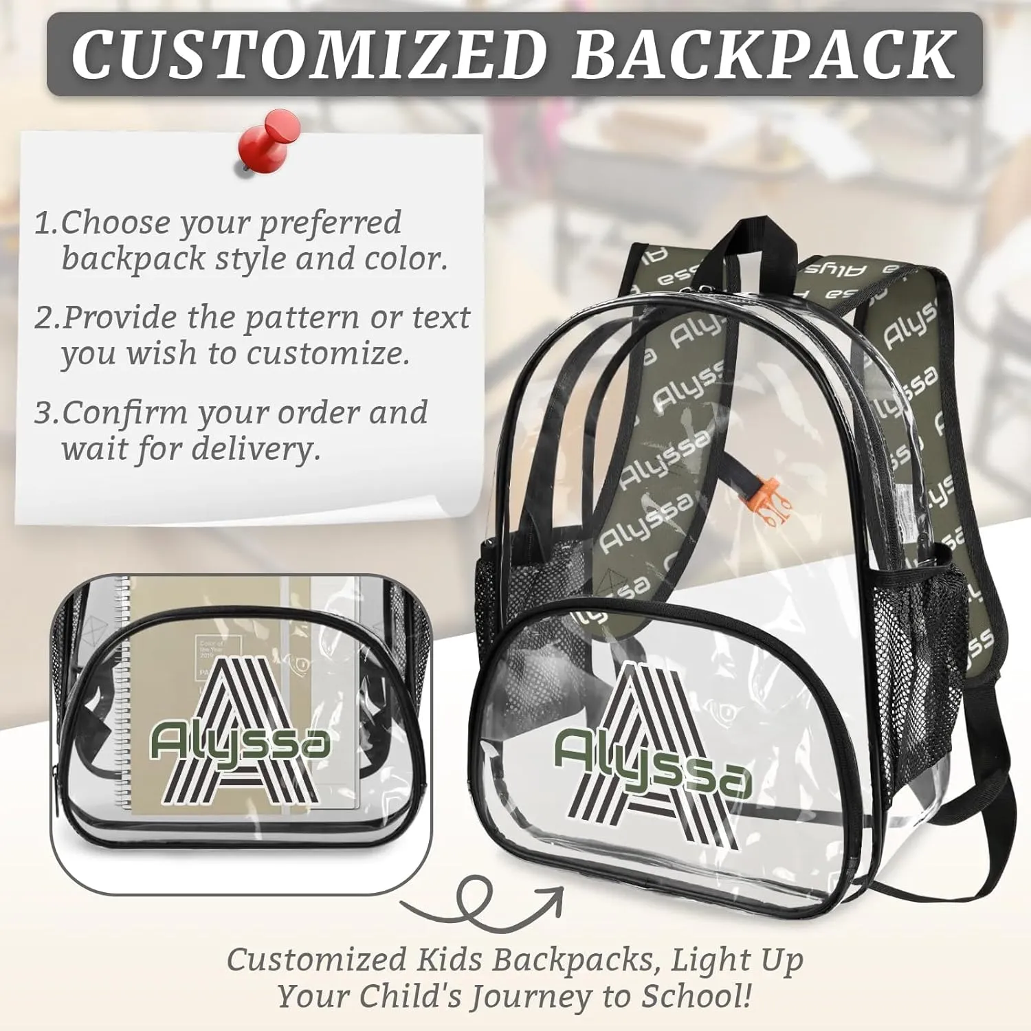 Personalized Clear Backpack with Name, Custom Heavy Duty PVC Transparent Backpack, See Through Back Pack with Reinforced Strap for Stadium Approved Events Dark Green
