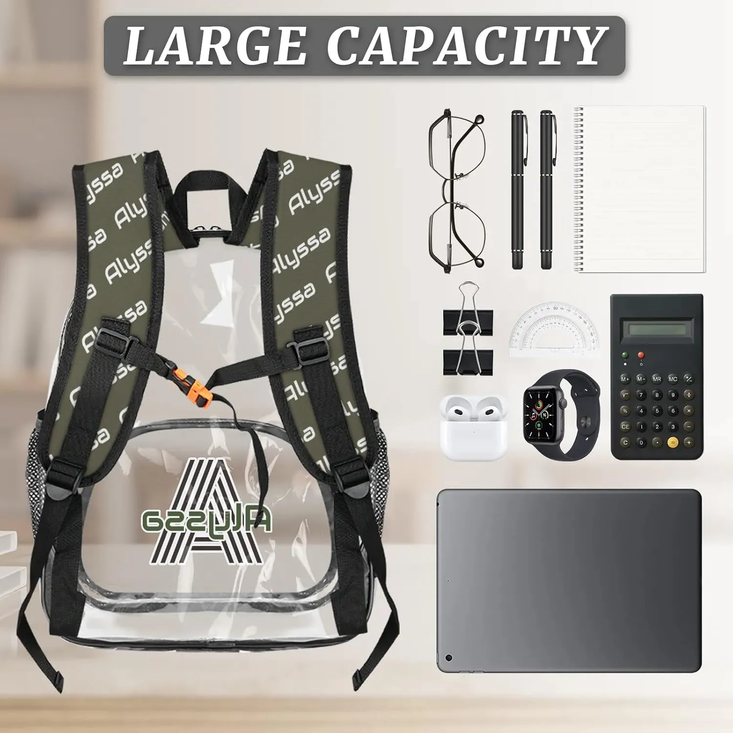 Personalized Clear Backpack with Name, Custom Heavy Duty PVC Transparent Backpack, See Through Back Pack with Reinforced Strap for Stadium Approved Events Dark Green