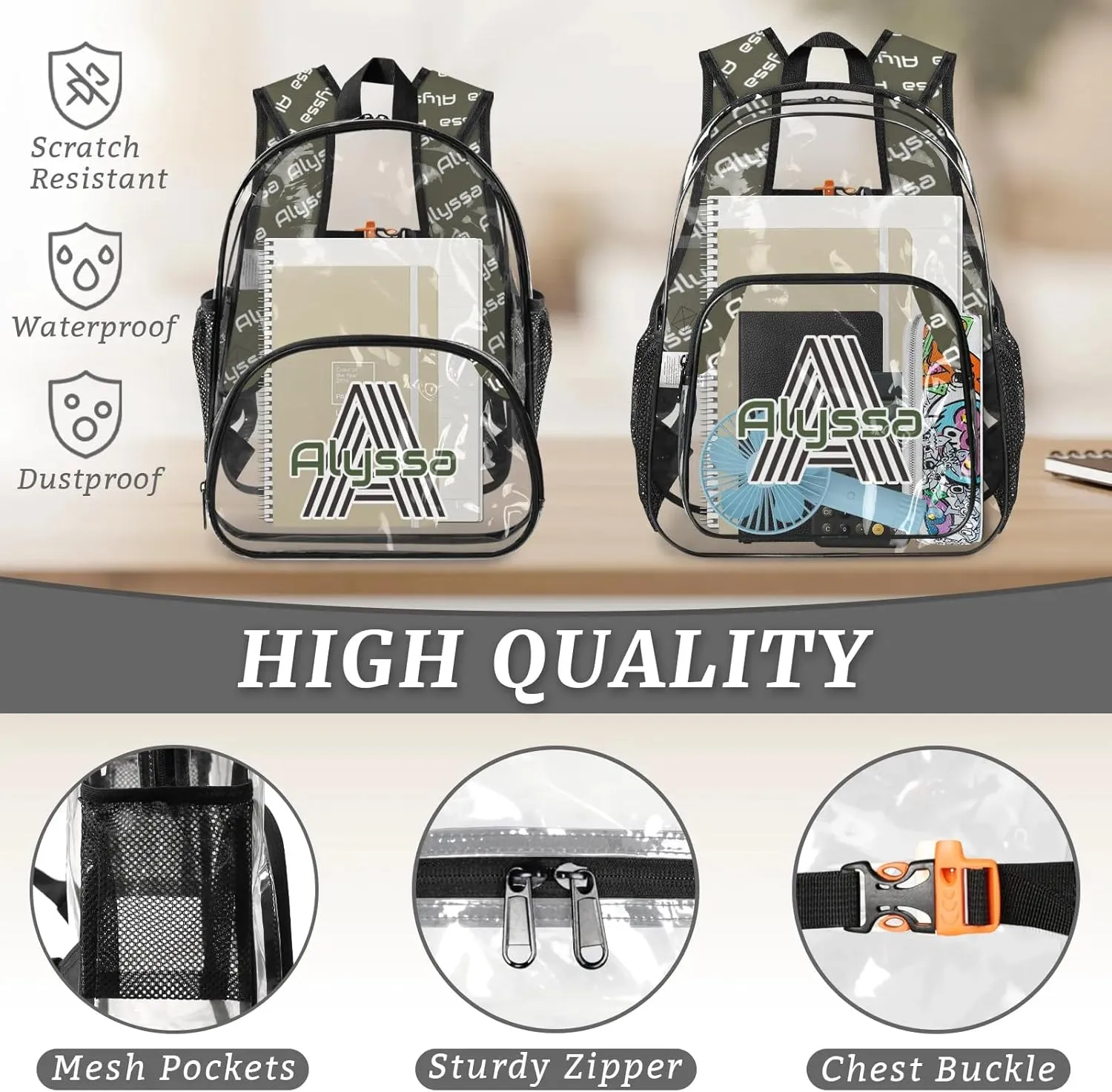 Personalized Clear Backpack with Name, Custom Heavy Duty PVC Transparent Backpack, See Through Back Pack with Reinforced Strap for Stadium Approved Events Dark Green