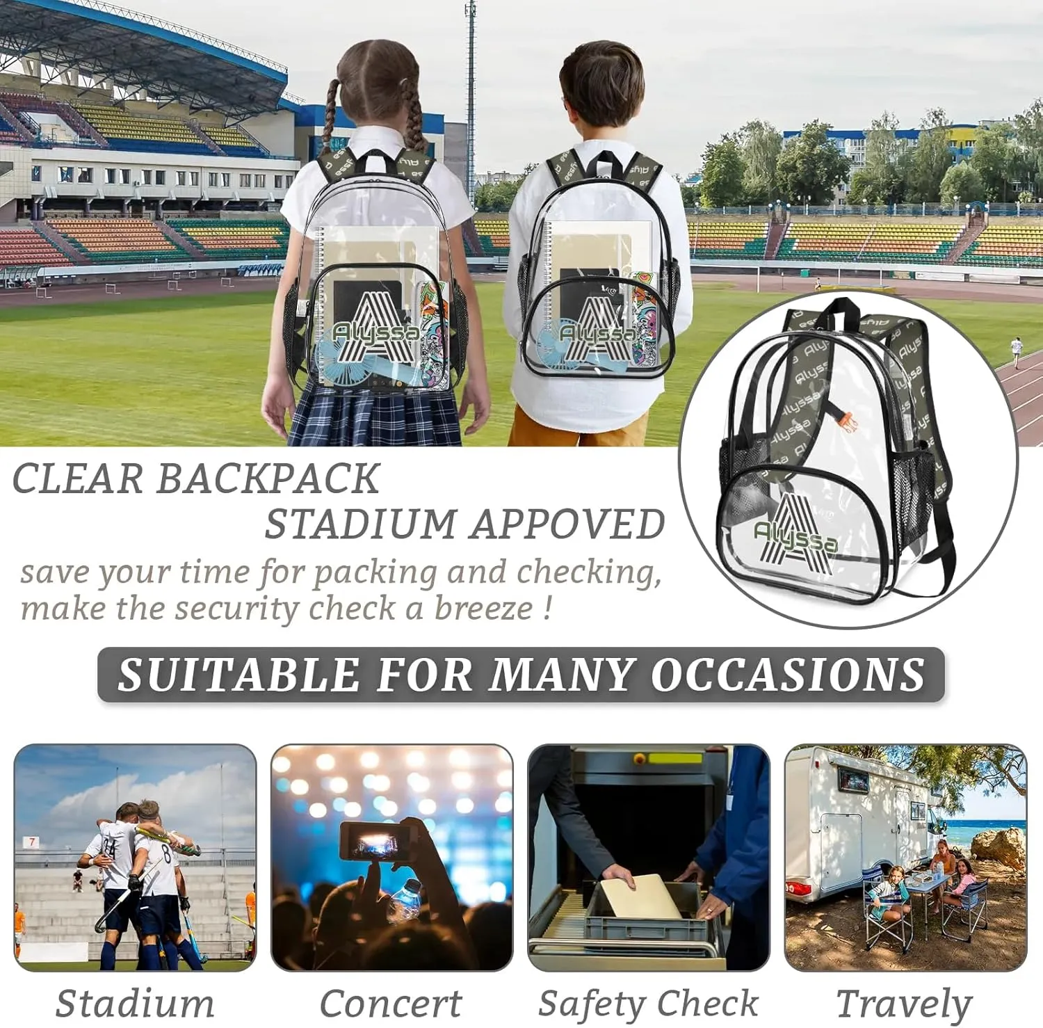 Personalized Clear Backpack with Name, Custom Heavy Duty PVC Transparent Backpack, See Through Back Pack with Reinforced Strap for Stadium Approved Events Dark Green
