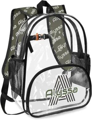Personalized Clear Backpack with Name, Custom Heavy Duty PVC Transparent Backpack, See Through Back Pack with Reinforced Strap for Stadium Approved Events Dark Green