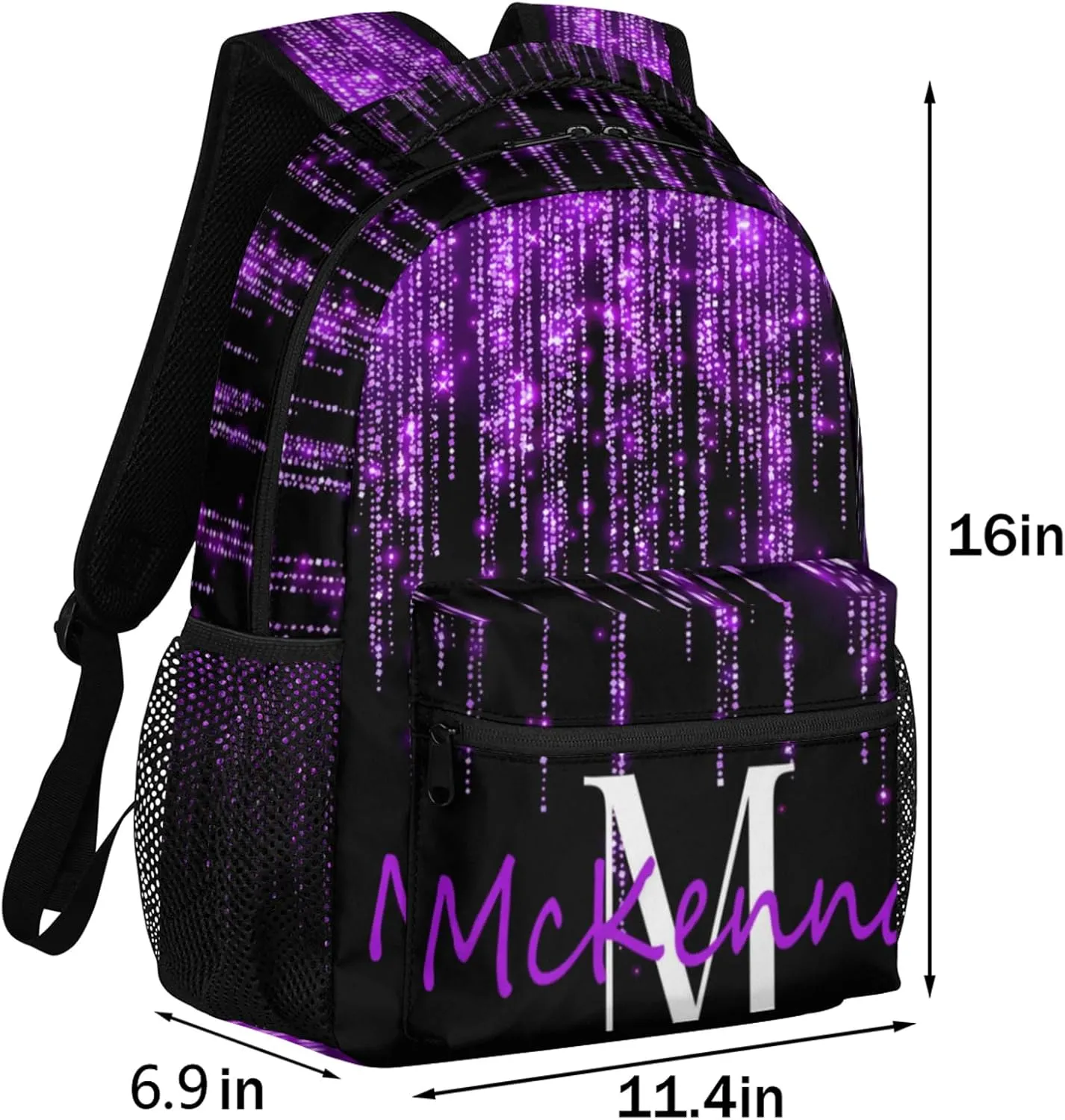 Personalized Name Backpack Bag Daypack Travel Hiking Large Backpacks for Women, Dark Voilet Purple Glittering Sparkly Effect Printed
