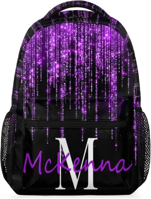 Personalized Name Backpack Bag Daypack Travel Hiking Large Backpacks for Women, Dark Voilet Purple Glittering Sparkly Effect Printed