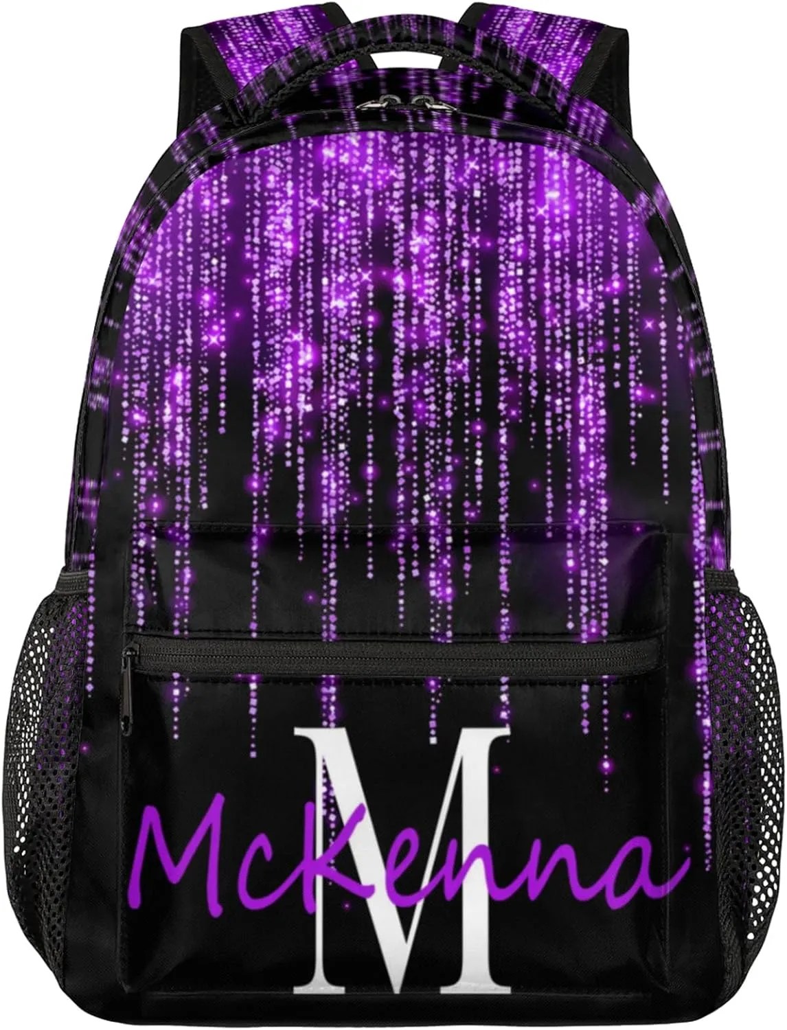 Personalized Name Backpack Bag Daypack Travel Hiking Large Backpacks for Women, Dark Voilet Purple Glittering Sparkly Effect Printed
