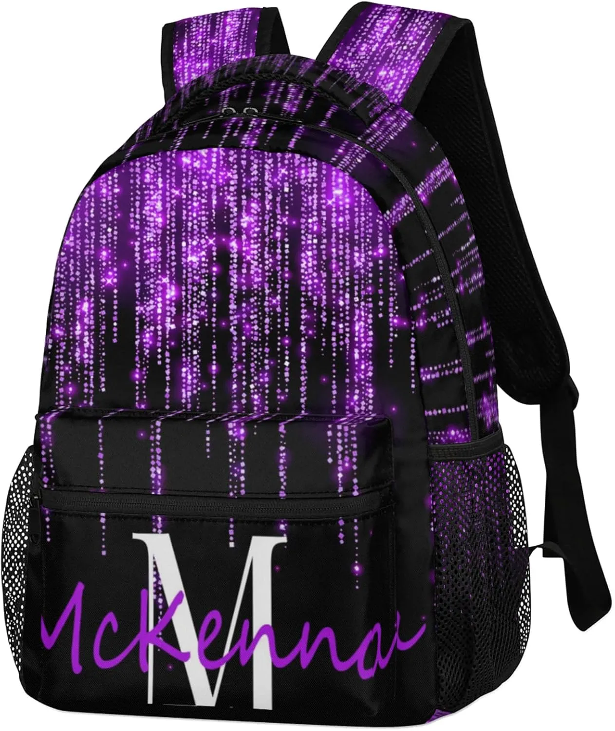 Personalized Name Backpack Bag Daypack Travel Hiking Large Backpacks for Women, Dark Voilet Purple Glittering Sparkly Effect Printed