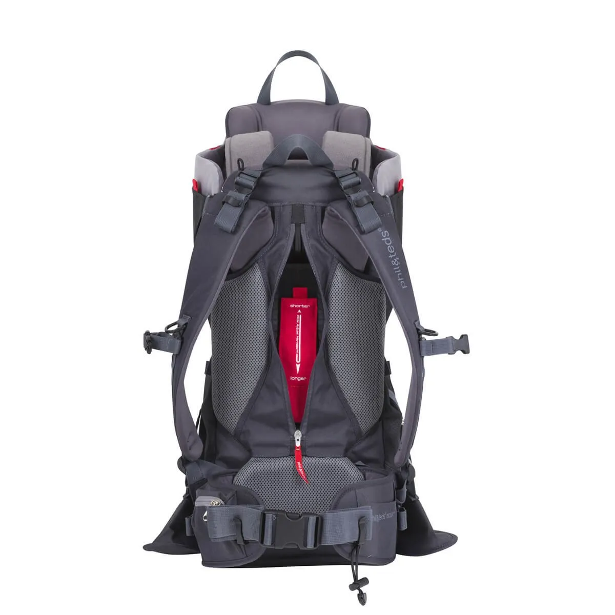 phil&teds Escape Child Carrier Frame Backpack, Charcoal – Height Adjustable Body-Tech Harness - Articulating Dual Core Waist Belt – Includes Hood, Daypack, Change Mat – 30L Storage – 2 Year Guarantee