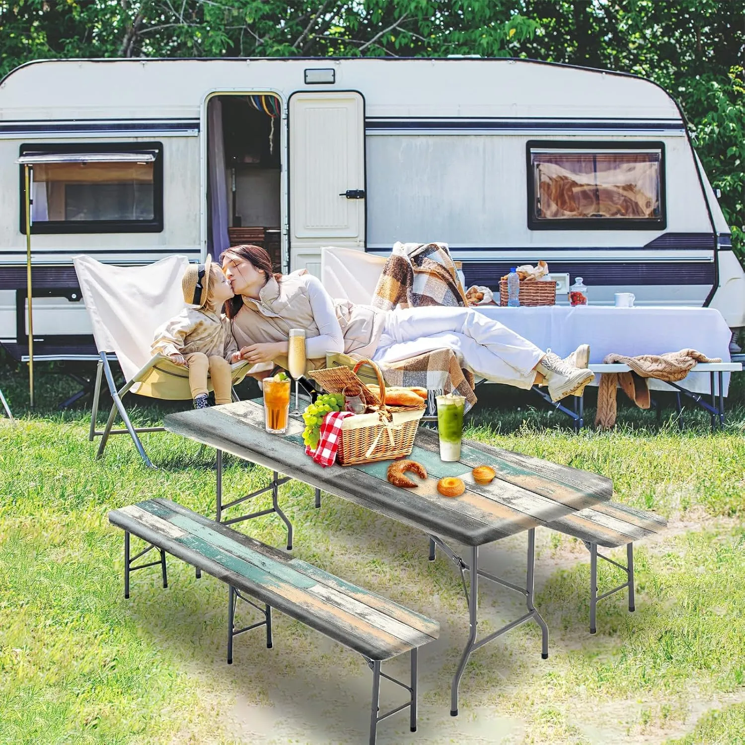 Picnic Table Cover with Bench Covers 72IN 6FT, Camping Essentials Tablecloth Waterproof Oilproof with elastic Edge for Indoor Outdoor Patio (Retro Wood Grain Blue)
