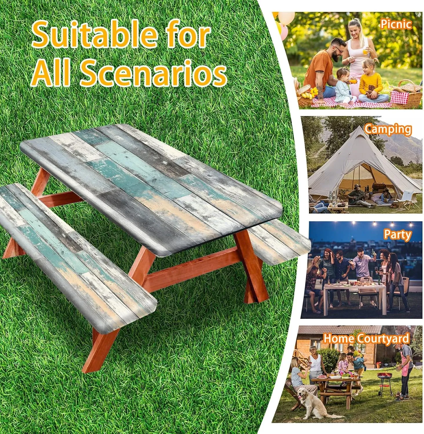Picnic Table Cover with Bench Covers 72IN 6FT, Camping Essentials Tablecloth Waterproof Oilproof with elastic Edge for Indoor Outdoor Patio (Retro Wood Grain Blue)