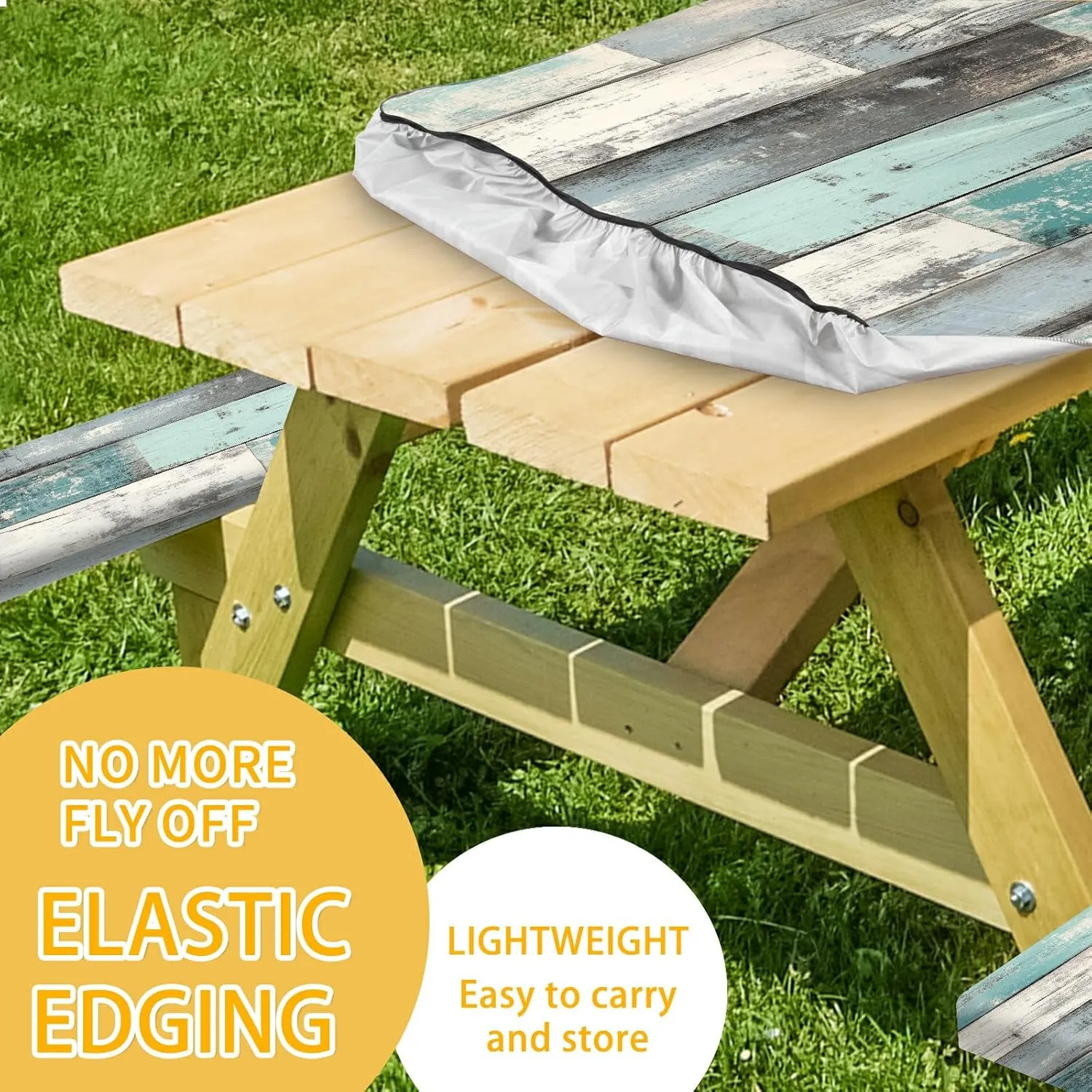 Picnic Table Cover with Bench Covers 72IN 6FT, Camping Essentials Tablecloth Waterproof Oilproof with elastic Edge for Indoor Outdoor Patio (Retro Wood Grain Blue)