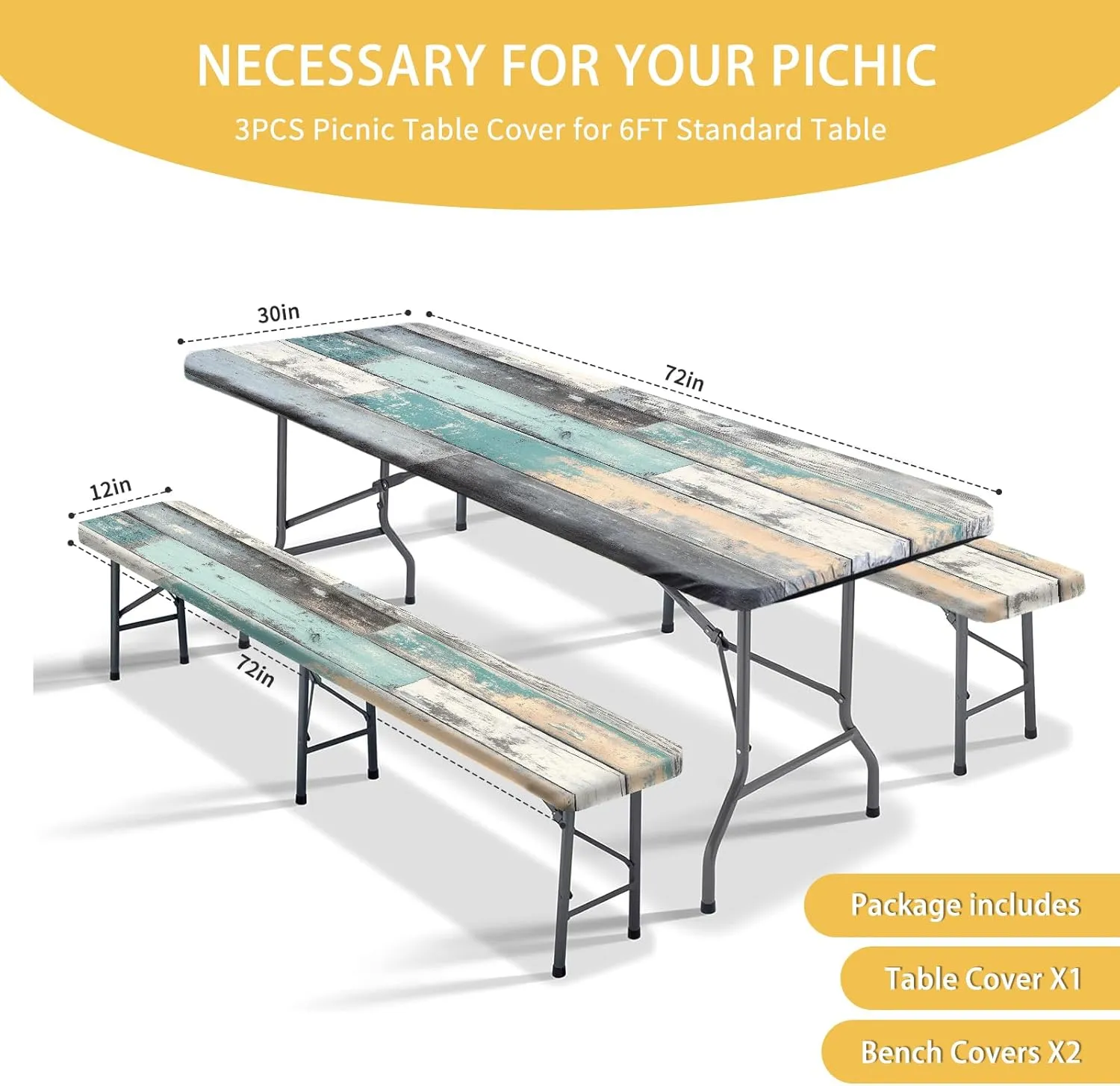 Picnic Table Cover with Bench Covers 72IN 6FT, Camping Essentials Tablecloth Waterproof Oilproof with elastic Edge for Indoor Outdoor Patio (Retro Wood Grain Blue)