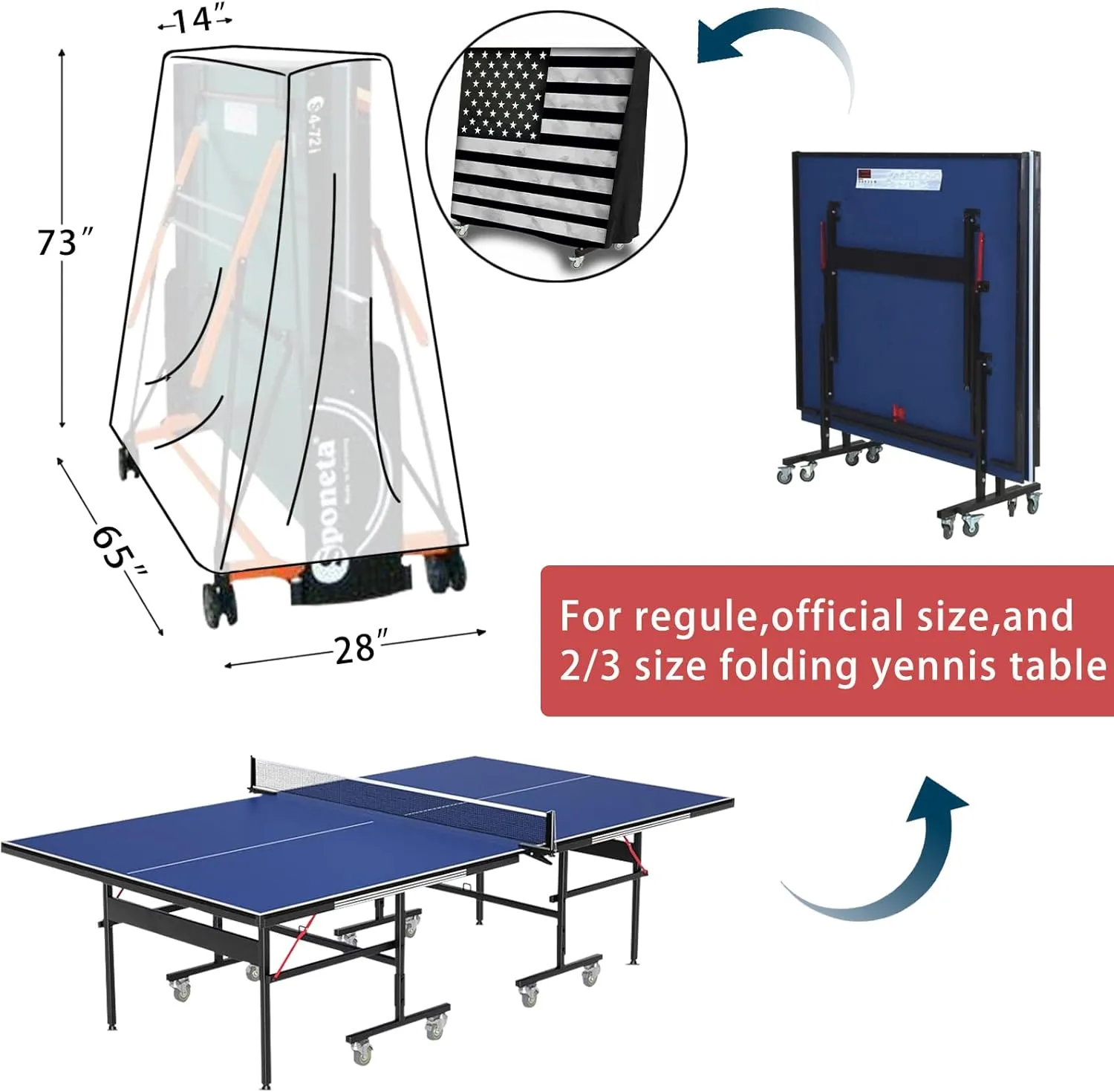 Ping Pong Table Cover, Waterproof & Dustproof Outdoor/Indoor Polyester Taffeta Cloth Ping Pong Table Cover，Scratch-Resistant Foldable (Black White flag)