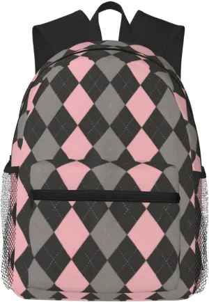 Pink Black Gray Argyle Lightweight Packable Backpack Travel Casual Hiking Daypack Foldable Backpack For Men Women