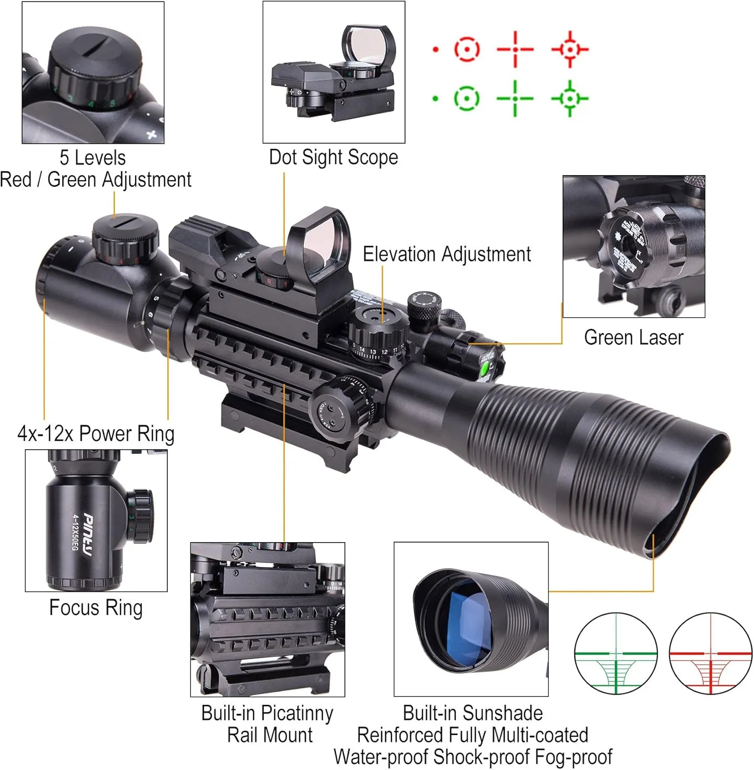 PINTY Rifle Scope Red Dot Laser Combo 4-12x50 Illuminated Optics with 4 Reticle Red Green Reflex Sight, Green Dot Laser Sight