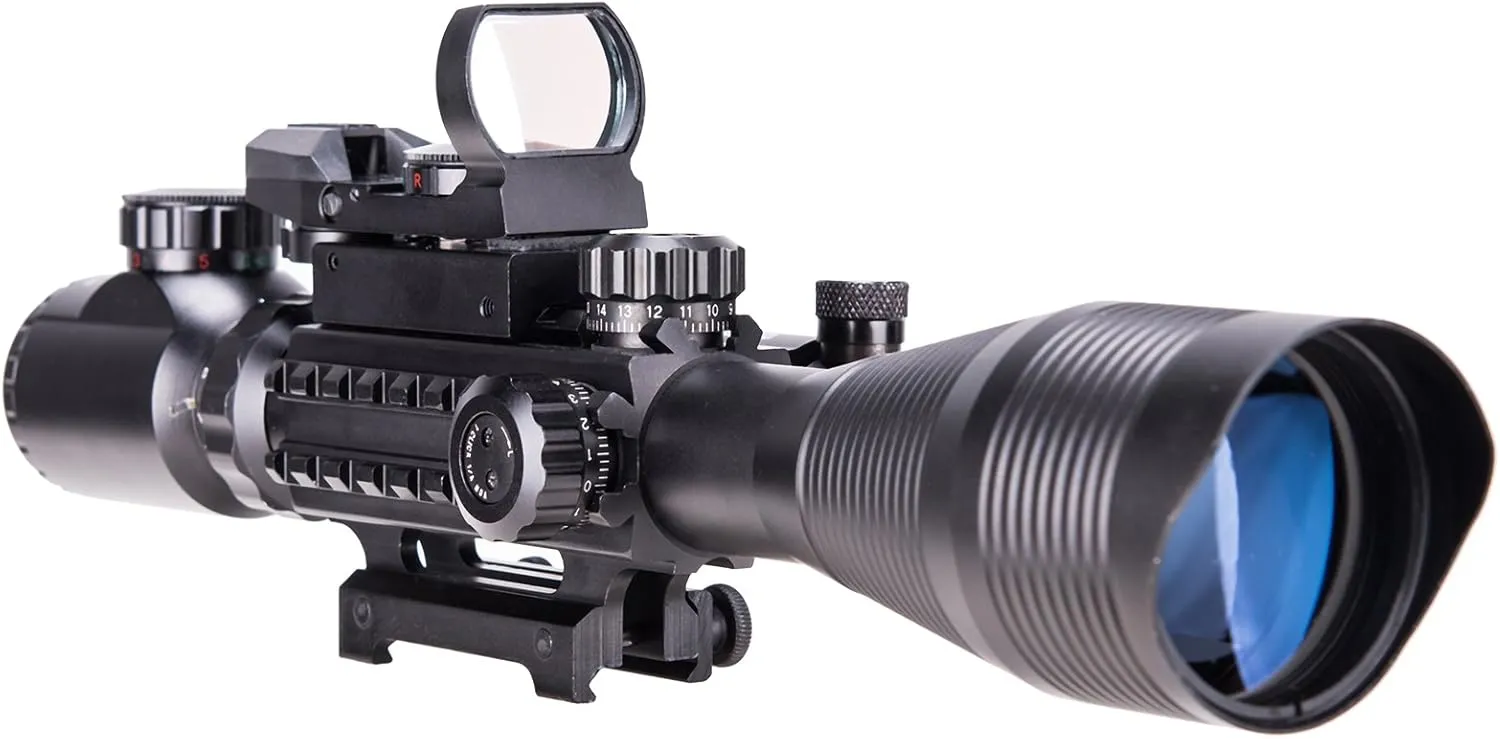 PINTY Rifle Scope Red Dot Laser Combo 4-12x50 Illuminated Optics with 4 Reticle Red Green Reflex Sight, Green Dot Laser Sight