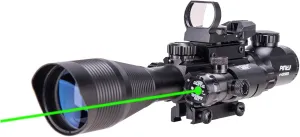 PINTY Rifle Scope Red Dot Laser Combo 4-12x50 Illuminated Optics with 4 Reticle Red Green Reflex Sight, Green Dot Laser Sight