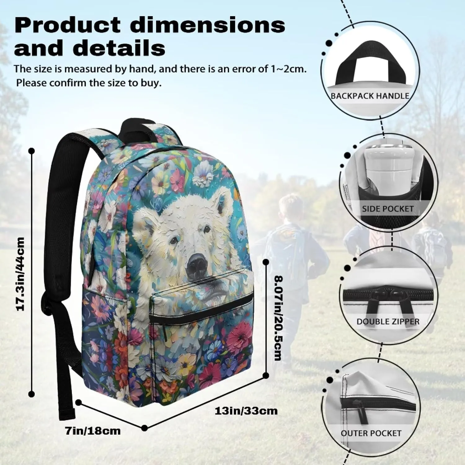 PinUp Angel Cool Polar Bear Print Funny Backpack 17 Inch Boys Girls Bookbag for Primary Middle School Backpacks Cute Animal Graphic School Bag
