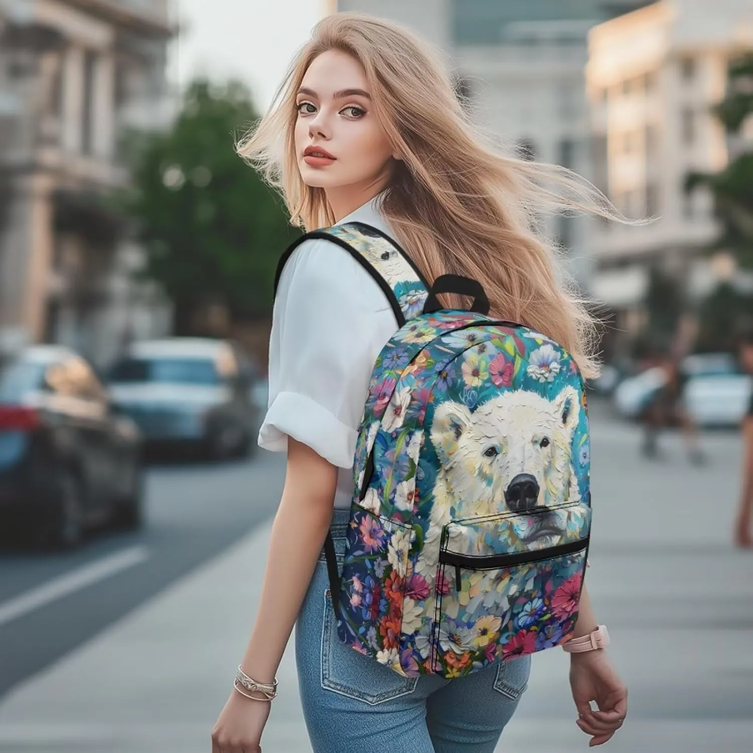 PinUp Angel Cool Polar Bear Print Funny Backpack 17 Inch Boys Girls Bookbag for Primary Middle School Backpacks Cute Animal Graphic School Bag