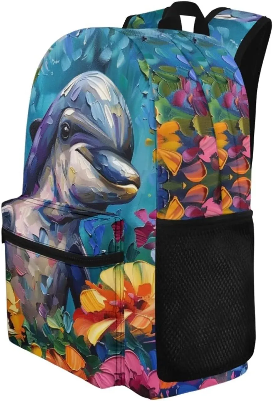 PinUp Angel Cute Dolphin Print Funny Backpack 17 Inch Boys Girls Bookbag for Primary Middle School Backpacks Cute Animal Graphic School Bag