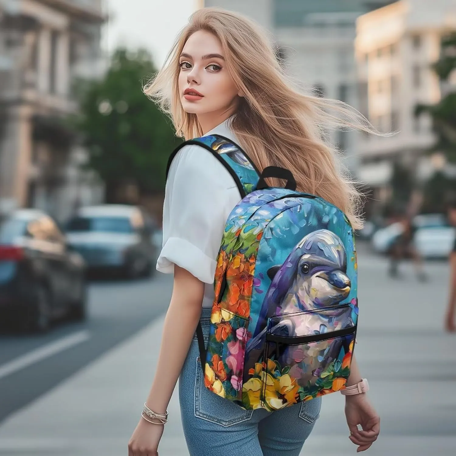 PinUp Angel Cute Dolphin Print Funny Backpack 17 Inch Boys Girls Bookbag for Primary Middle School Backpacks Cute Animal Graphic School Bag
