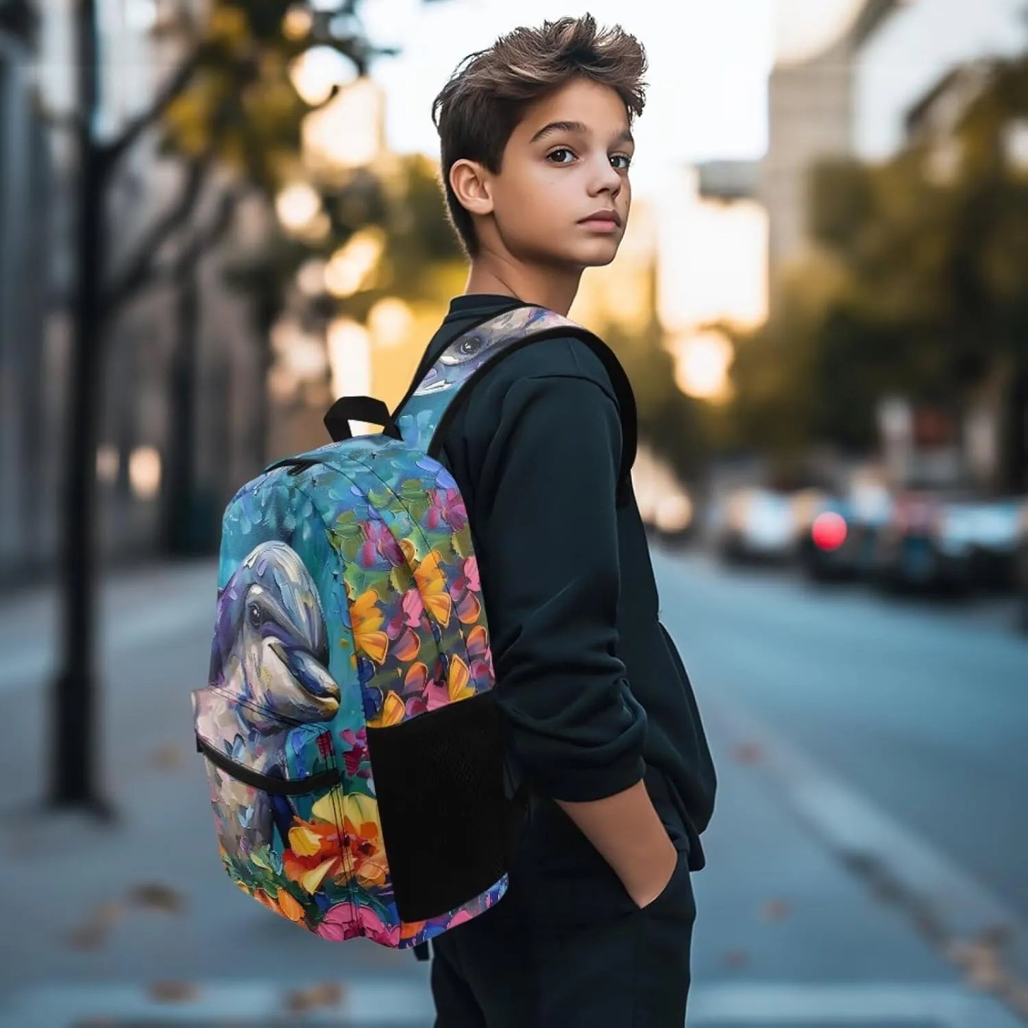PinUp Angel Cute Dolphin Print Funny Backpack 17 Inch Boys Girls Bookbag for Primary Middle School Backpacks Cute Animal Graphic School Bag