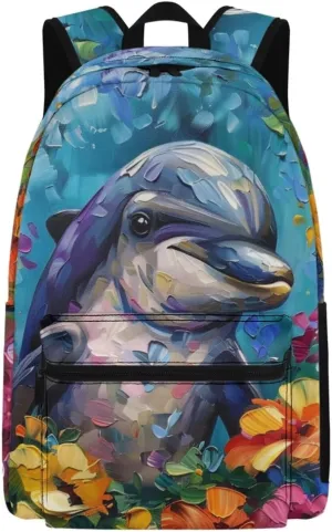 PinUp Angel Cute Dolphin Print Funny Backpack 17 Inch Boys Girls Bookbag for Primary Middle School Backpacks Cute Animal Graphic School Bag