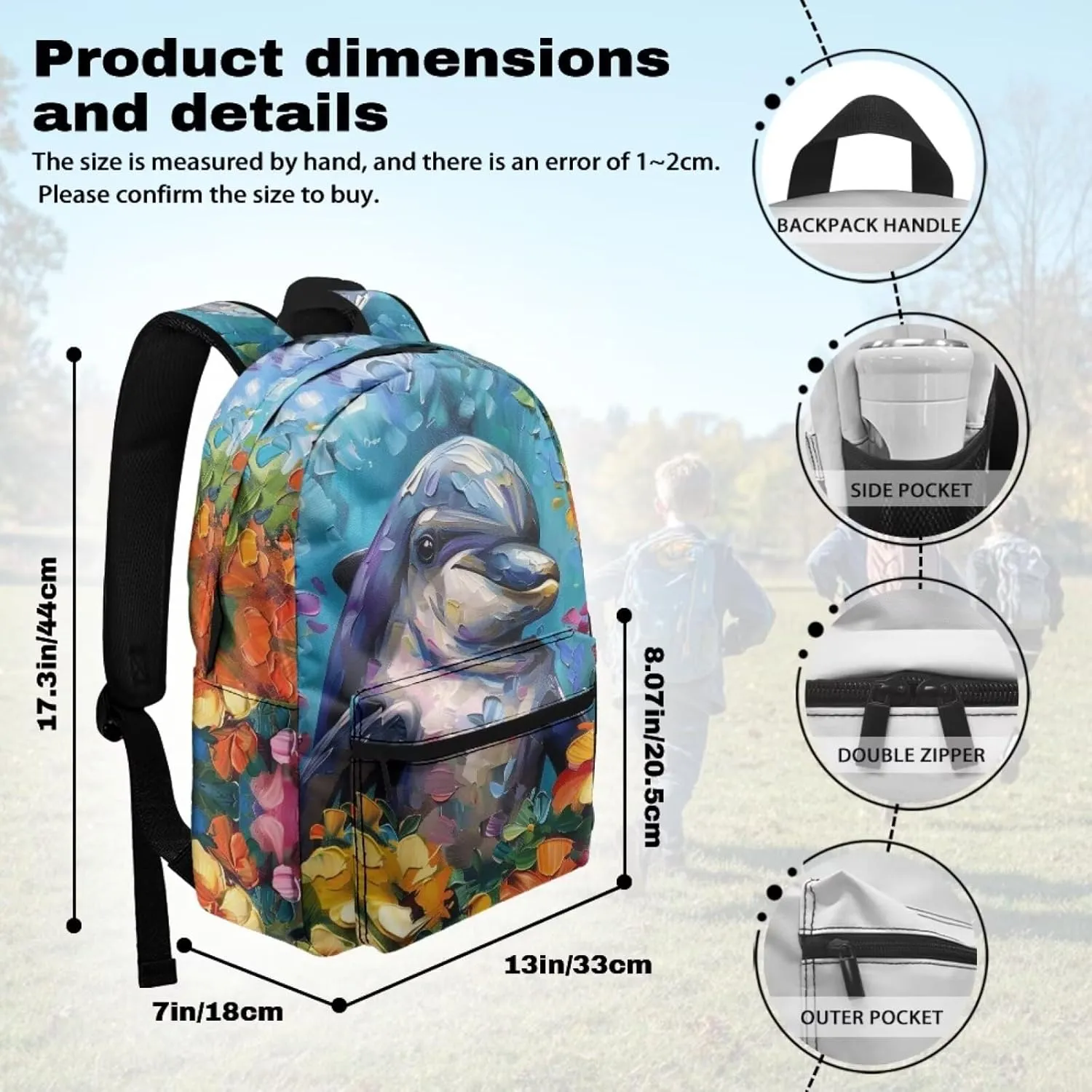 PinUp Angel Cute Dolphin Print Funny Backpack 17 Inch Boys Girls Bookbag for Primary Middle School Backpacks Cute Animal Graphic School Bag