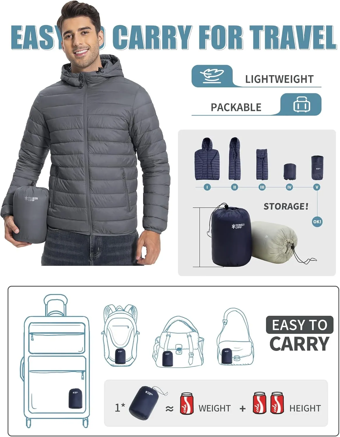Pioneer Camp Mens Lightweight Packable Puffer Jacket Hooded Insulated Thermal Puffy Winter Jackets for Running Travel