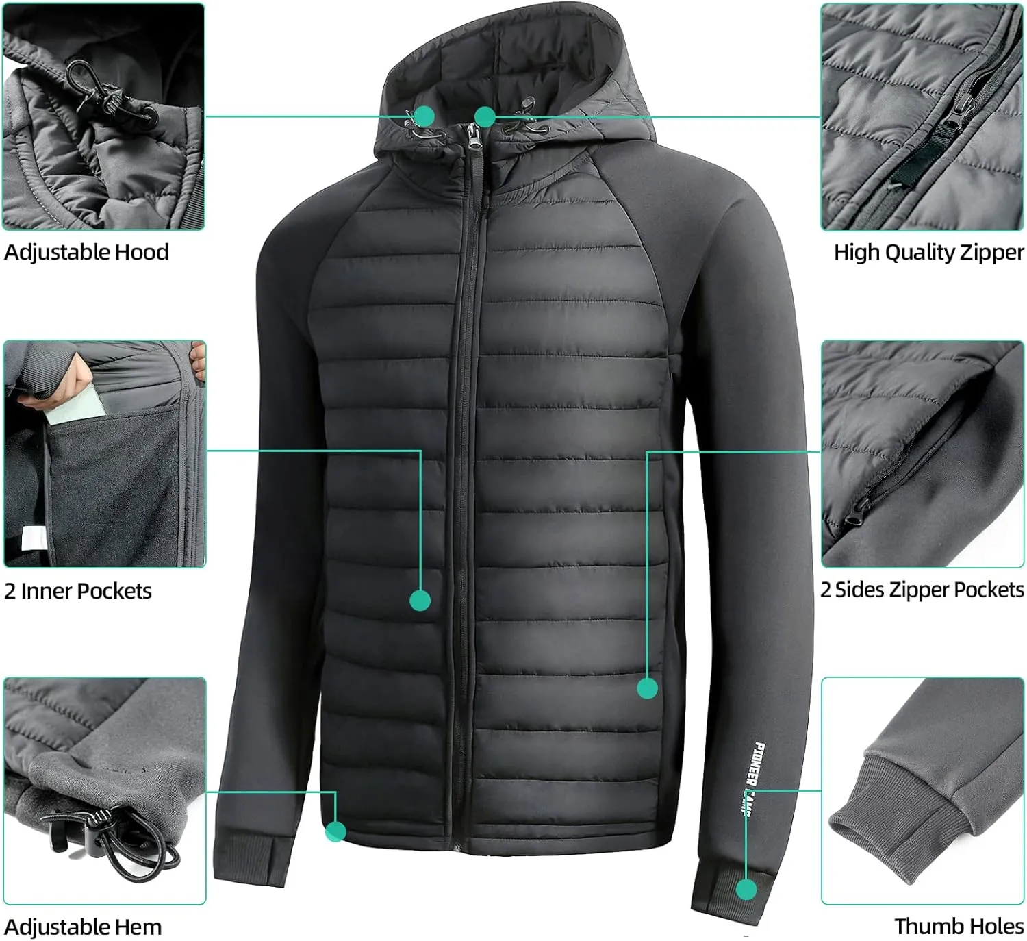 Pioneer Camp Men's Lightweight Puffer Running Jacket Waterproof Winter Down Jacket Hooded Insulated Puffy Thermal Hybrid Coat