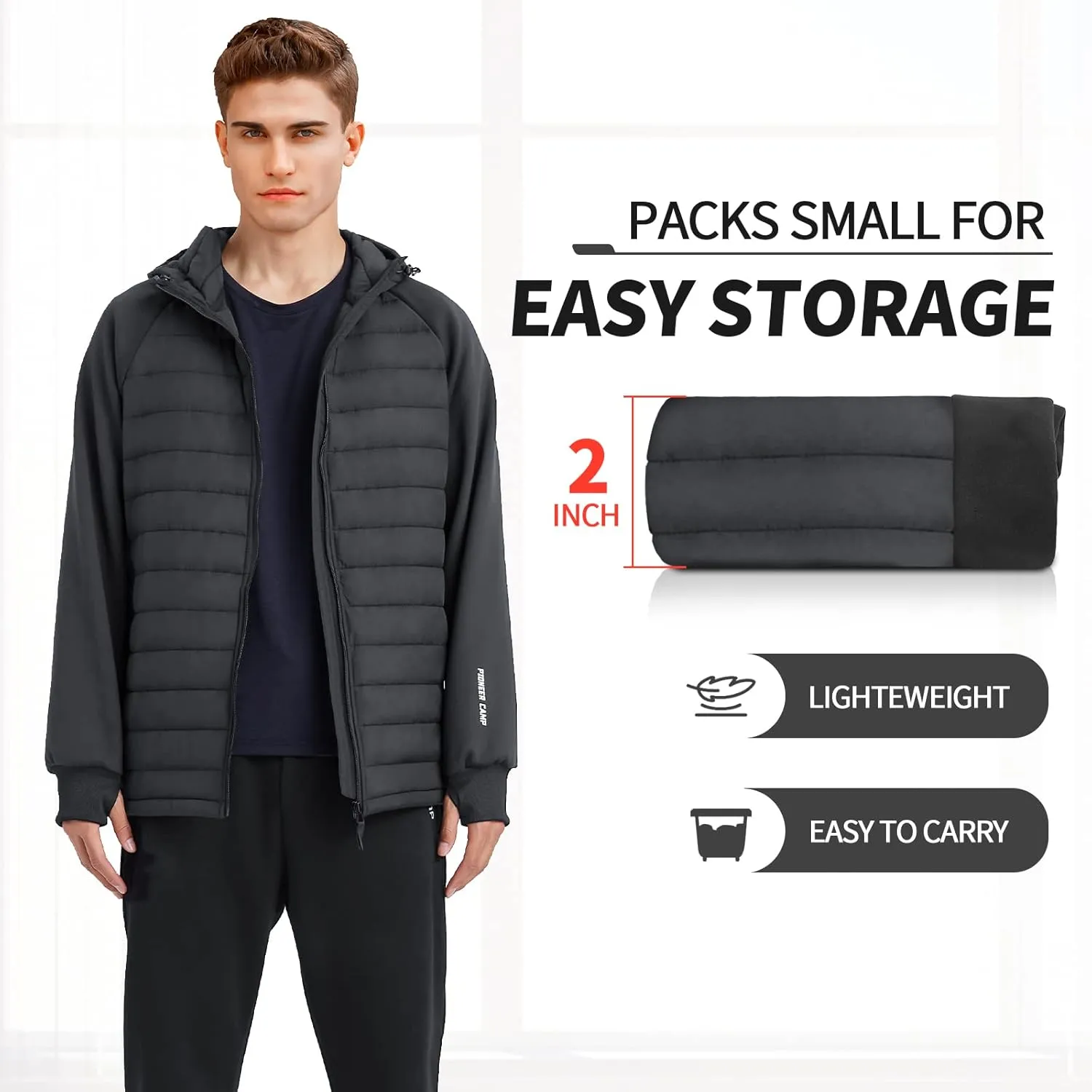 Pioneer Camp Men's Lightweight Puffer Running Jacket Waterproof Winter Down Jacket Hooded Insulated Puffy Thermal Hybrid Coat