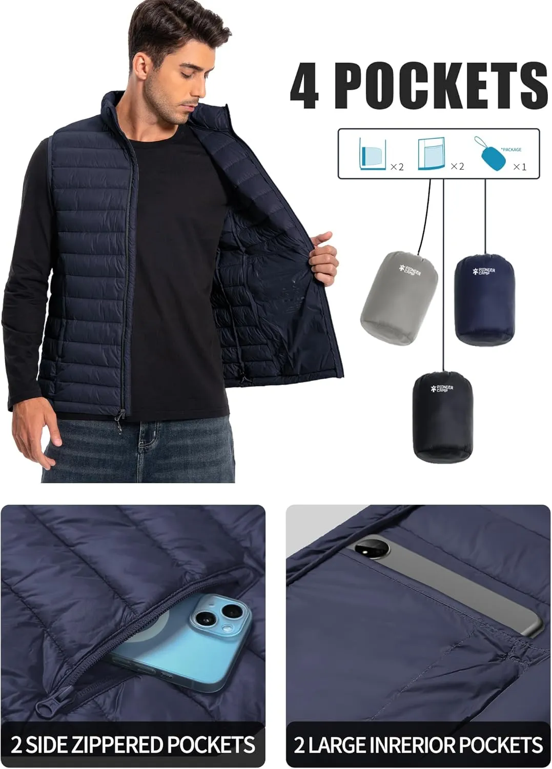 Pioneer Camp Men's Lightweight Puffer Vest Packable Water-Repellent Warm Quilted Sleeveless Outerwear for Work Casual Travel…