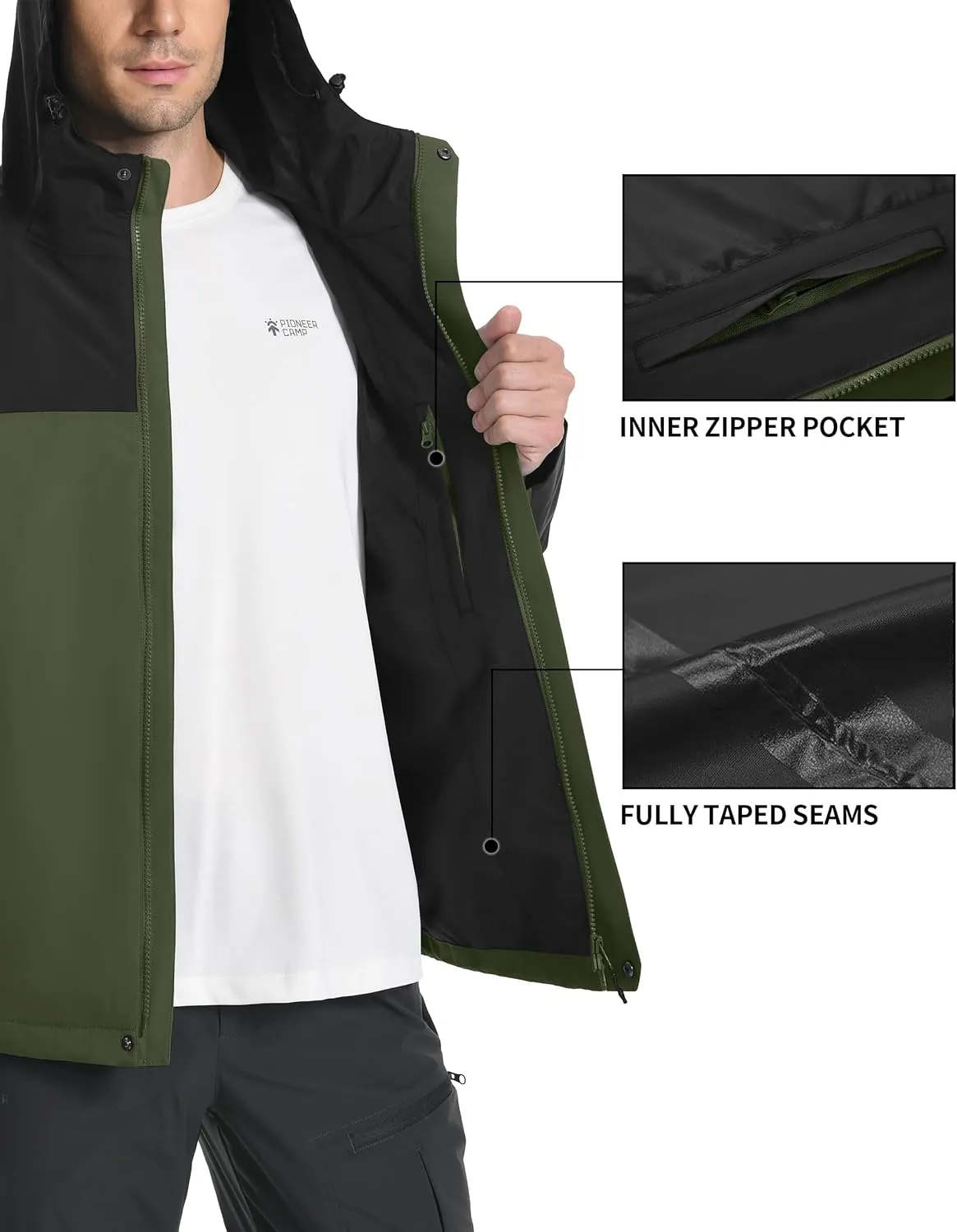 Pioneer Camp Mens Rain Jacket Waterproof Shell Jacket Hooded Lightweight Rain Coat for Outdoor Hiking 4 Pockets Windbreaker