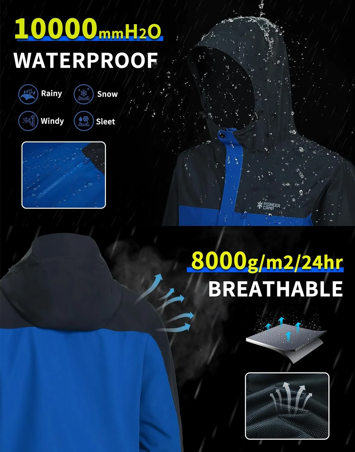 Pioneer Camp Mens Rain Jacket Waterproof Shell Jacket Hooded Lightweight Rain Coat for Outdoor Hiking 4 Pockets Windbreaker
