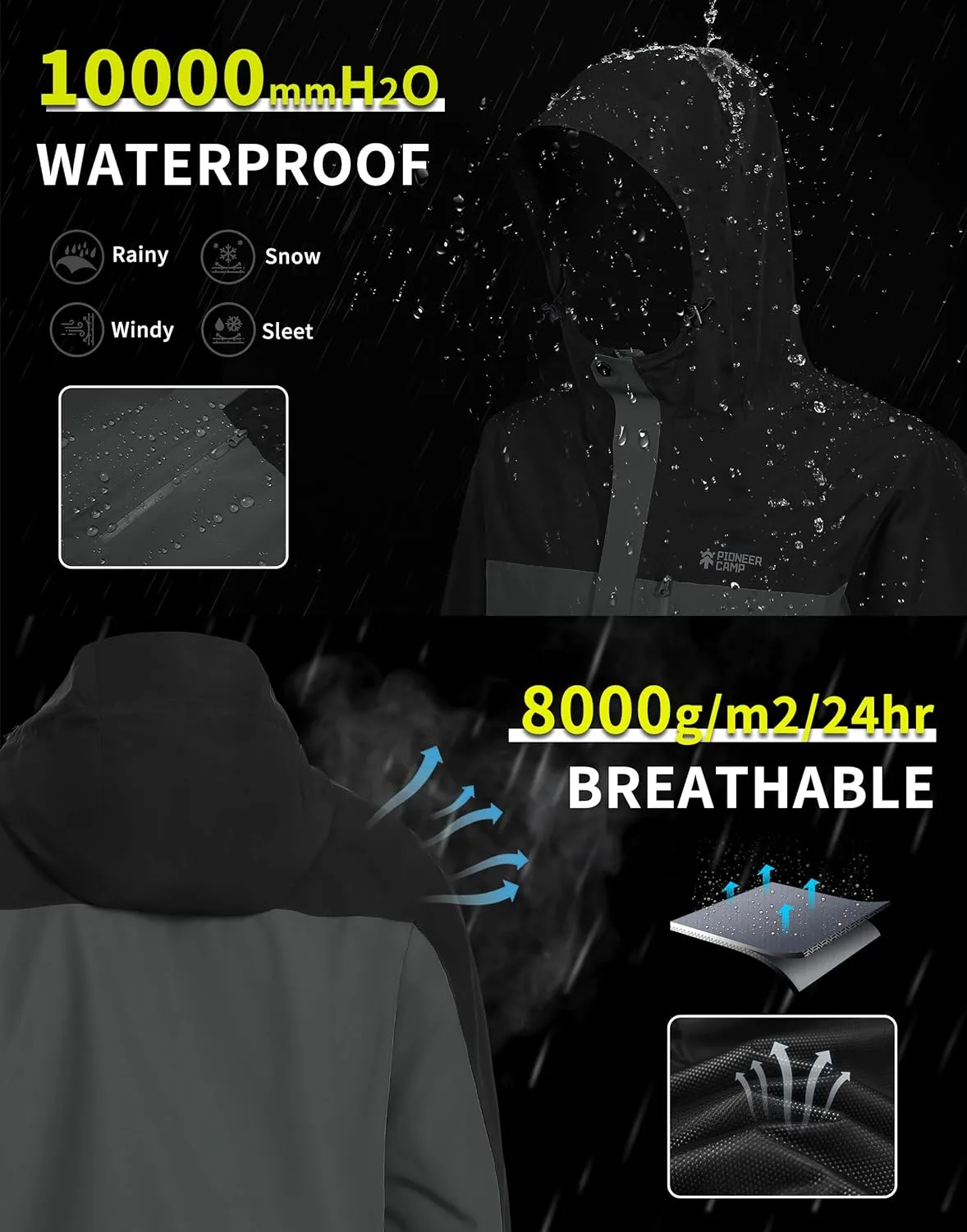 Pioneer Camp Mens Rain Jacket Waterproof Shell Jacket Hooded Lightweight Rain Coat for Outdoor Hiking 4 Pockets Windbreaker